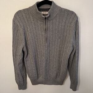 IZOD Mens 1/4 Zip Cable Knit Gray Cotton Sweater Medium Preppy